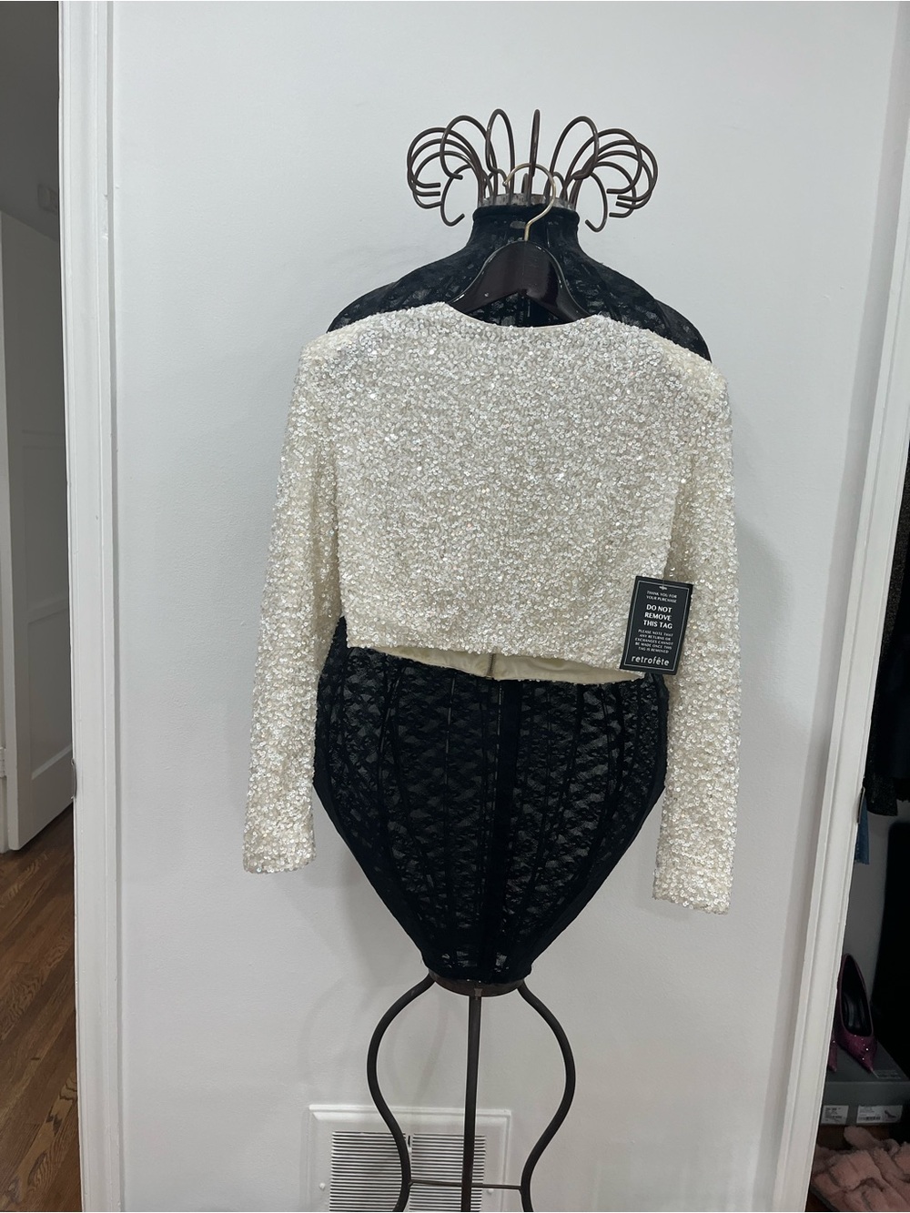 Sequin Cropped Long-Sleeve Top - White